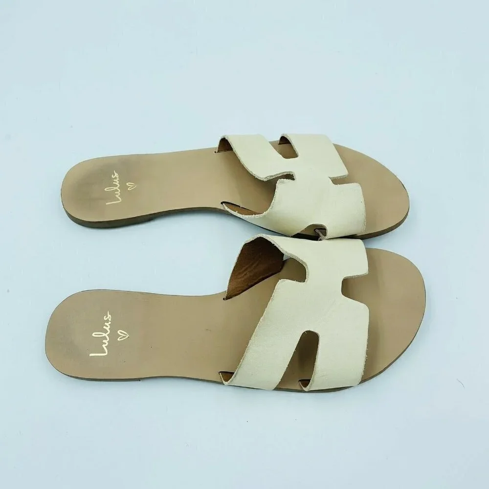 Lulus Saxon Ivory Cream Vegan Leather Slide Sandals Size 6.5